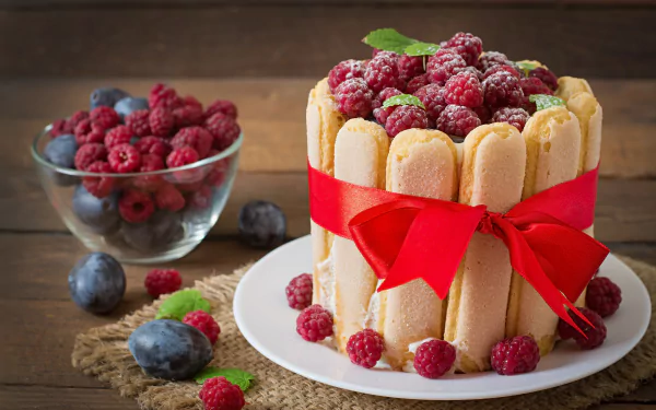 A beautifully decorated raspberry and plum cake with ladyfingers tied by a red ribbon, surrounded by fresh raspberries and plums on a rustic wooden background.