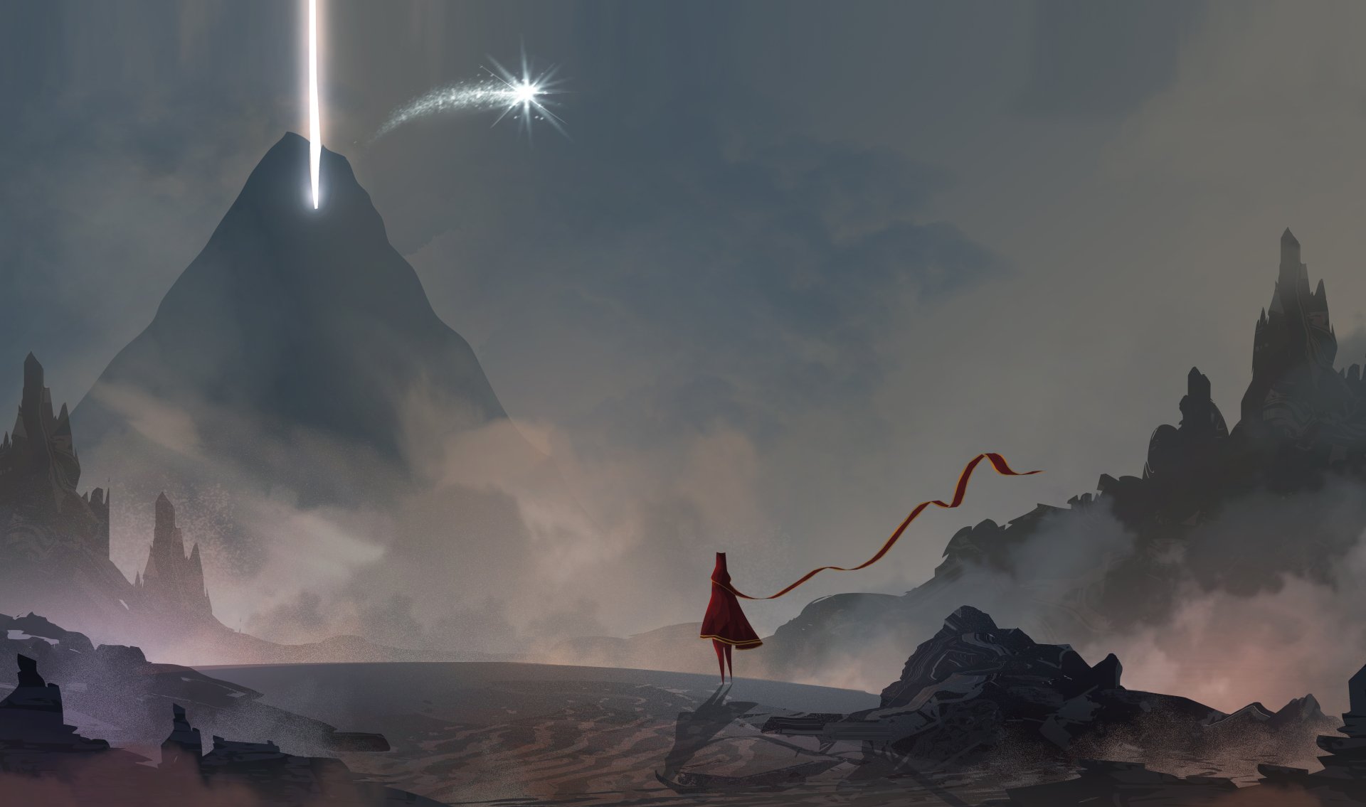 A stunning HD desktop wallpaper depicting a solitary figure in a red cloak standing before a towering mountain, illuminated by a bright beam and a distant star, capturing the essence of a journey in a video game.