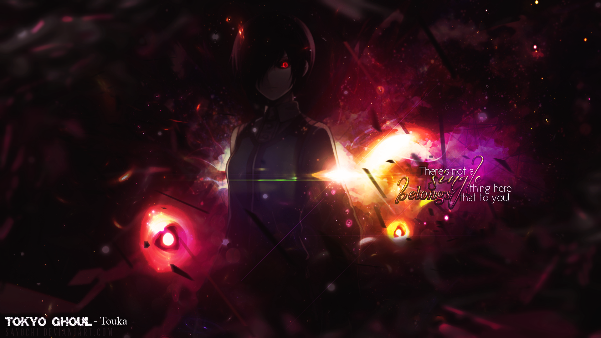 A striking HD wallpaper featuring Touka Kirishima from Tokyo Ghoul, surrounded by vibrant colors and an abstract background that highlights her character's depth and intensity.