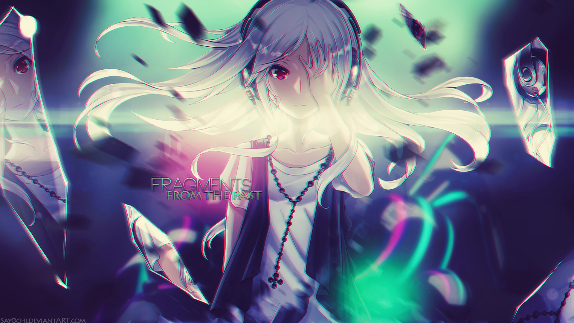 HD PC desktop wallpaper featuring IA from Vocaloid in an anime style, surrounded by glowing effects and dark feathers in a vibrant, dynamic composition.