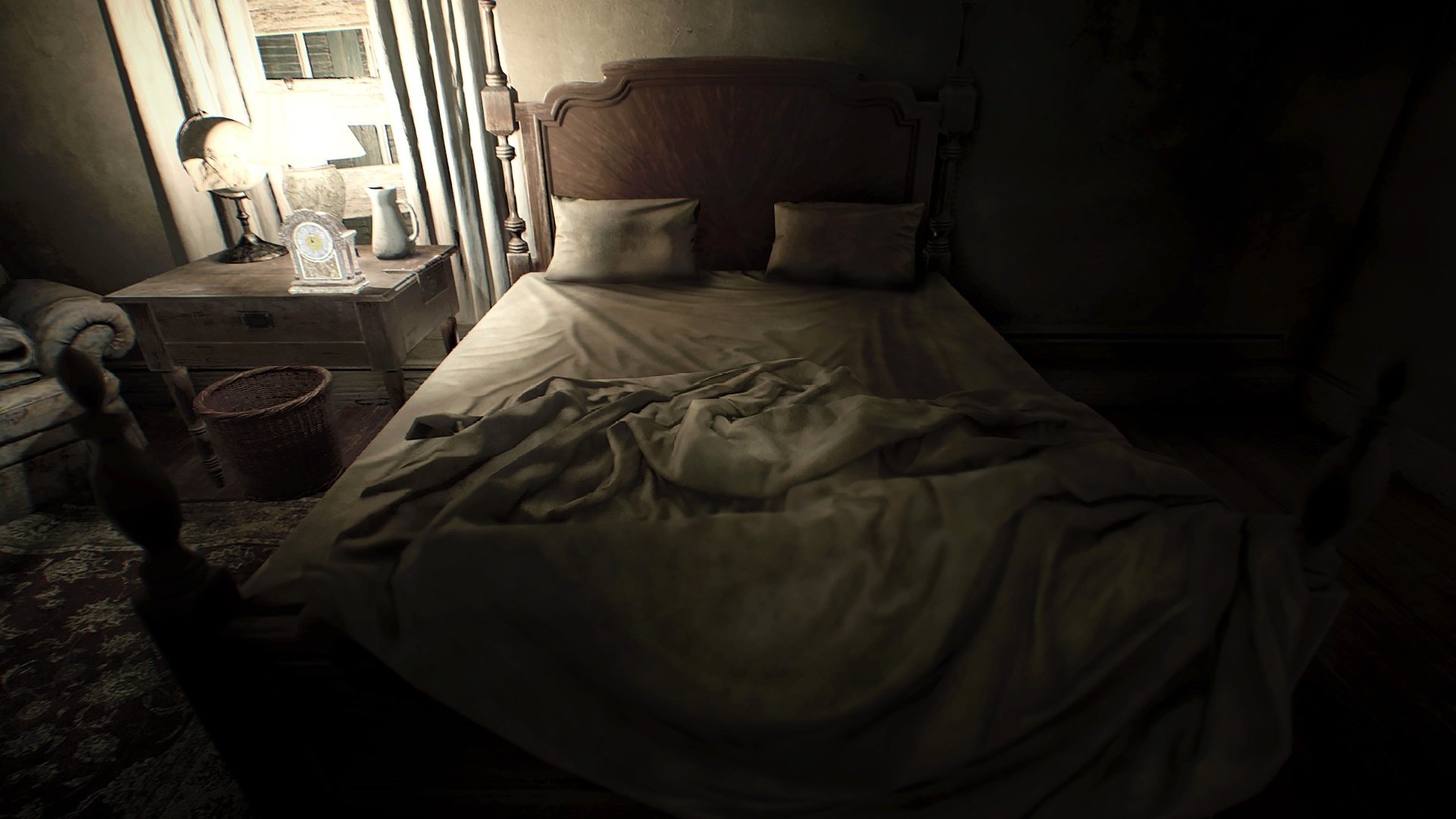 Eerie, dimly lit bedroom with rumpled sheets and stained walls — HD PC desktop wallpaper and background from the video game Resident Evil 7: Biohazard.