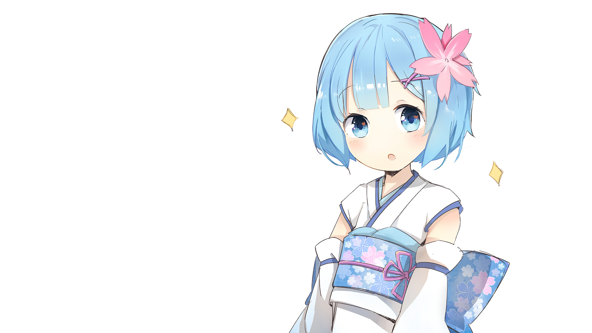 A high-definition wallpaper featuring Rem from Re:ZERO - Starting Life in Another World, depicted in a traditional outfit with a blue color palette and a pink flower accessory.