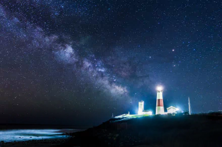 A vibrant HD PC wallpaper featuring a lighthouse illuminated under a starry night sky with the Milky Way stretching across the horizon.