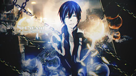 Anime-themed HD wallpaper featuring a character from Noragami, showcasing a blend of dark chains and ethereal elements, creating a striking and dramatic background.