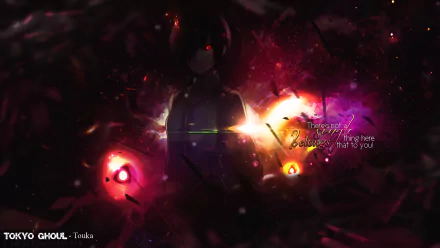 A striking HD wallpaper featuring Touka Kirishima from Tokyo Ghoul, surrounded by vibrant colors and an abstract background that highlights her character's depth and intensity.