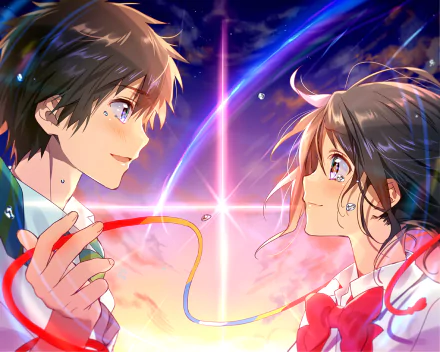 HD desktop wallpaper featuring anime characters Taki Tachibana and Mitsuha Miyamizu from Your Name. They gaze at each other, holding a red and yellow string, with a vibrant sky and star-filled background.