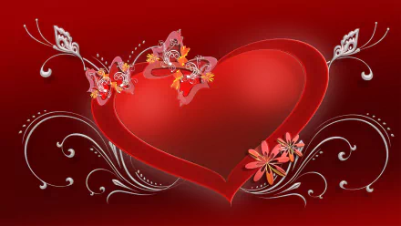 HD desktop wallpaper featuring a red heart with flowers and butterflies, designed with elegant swirls for a Valentine's Day holiday theme.
