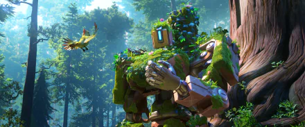HD desktop wallpaper for the video game Overwatch featuring Bastion, surrounded by lush forest greenery and interacting with a bird.