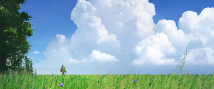 Bastion from Overwatch stands in a vibrant green field under a bright blue sky filled with fluffy clouds, serving as an engaging HD wallpaper for fans of the video game.