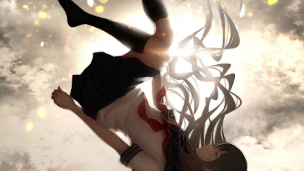 A dreamy anime girl in a school uniform, with long flowing hair, floats gracefully against a backdrop of soft clouds and shimmering light, captured in an HD wallpaper.