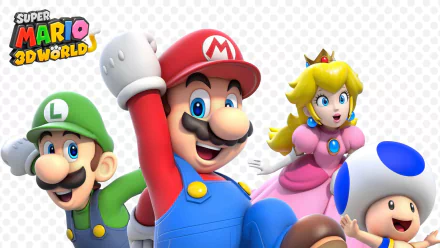 Colorful HD wallpaper featuring characters from Super Mario 3D World, including Mario, Luigi, Princess Peach, and Toad, set against a playful background.