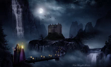 A dark fantasy scene featuring a majestic castle on a rocky outcrop, illuminated by moonlight, with a cascading waterfall and a bridge connecting to a cloaked figure, all set against moody skies.