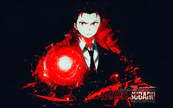A vibrant HD wallpaper featuring Subaru Natsuki from the anime Re:Zero - Starting Life in Another World, showcasing his determined expression and powerful aura.