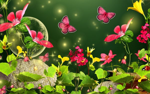 Artistic Spring Bug Flower Butterfly Leaf HD Wallpaper | Background Image