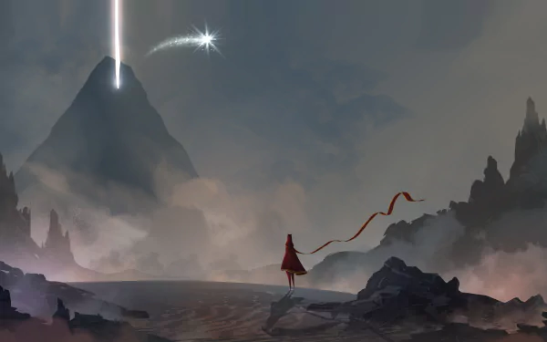 A stunning HD desktop wallpaper depicting a solitary figure in a red cloak standing before a towering mountain, illuminated by a bright beam and a distant star, capturing the essence of a journey in a video game.