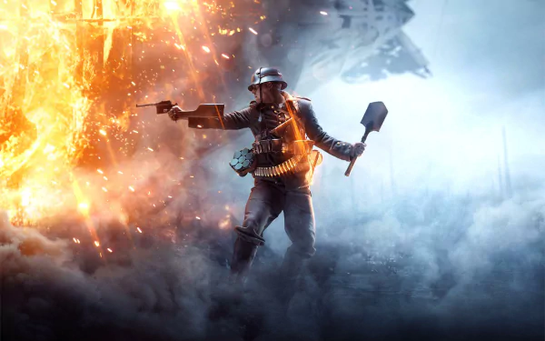 HD PC desktop wallpaper featuring intense combat from the Battlefield 1 video game, showcasing a soldier amid explosions and smoke on the battlefield.