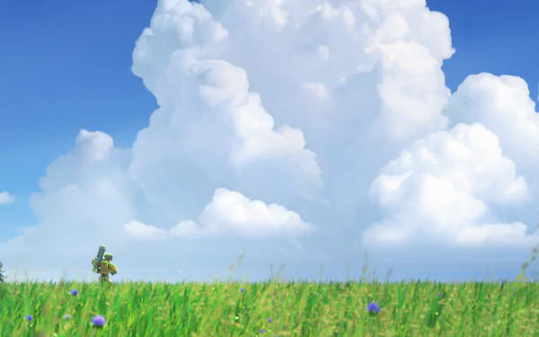 Bastion from Overwatch stands in a vibrant green field under a bright blue sky filled with fluffy clouds, serving as an engaging HD wallpaper for fans of the video game.