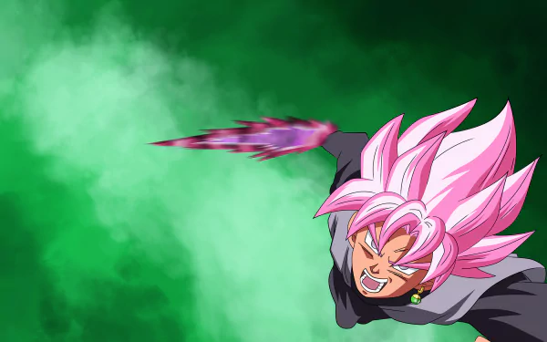 HD wallpaper of Black Goku in Super Saiyan Rosé form from Dragon Ball Super, against a vibrant green background, performing an attack.