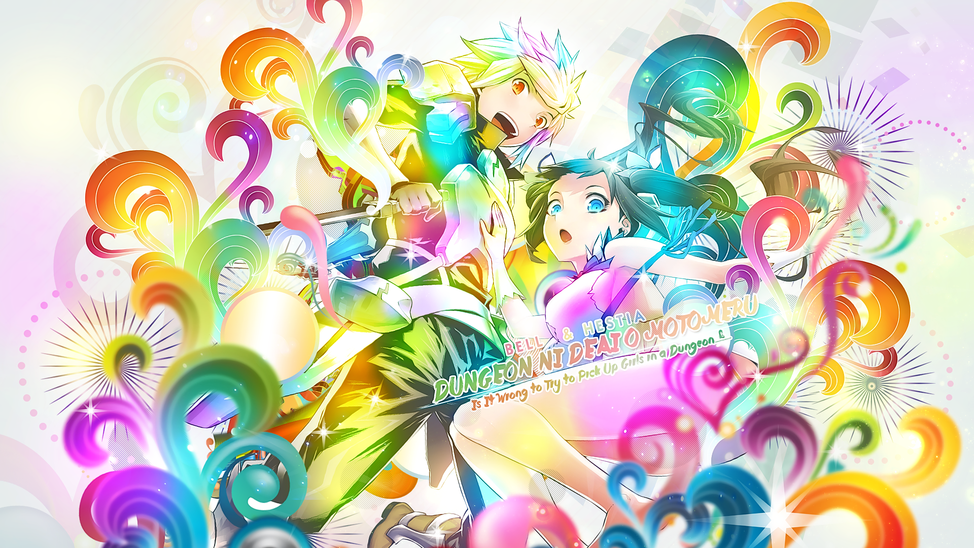 Vibrant HD PC desktop wallpaper of Is It Wrong to Try to Pick Up Girls in a Dungeon? anime featuring two characters amid colorful swirls and abstract floral patterns.