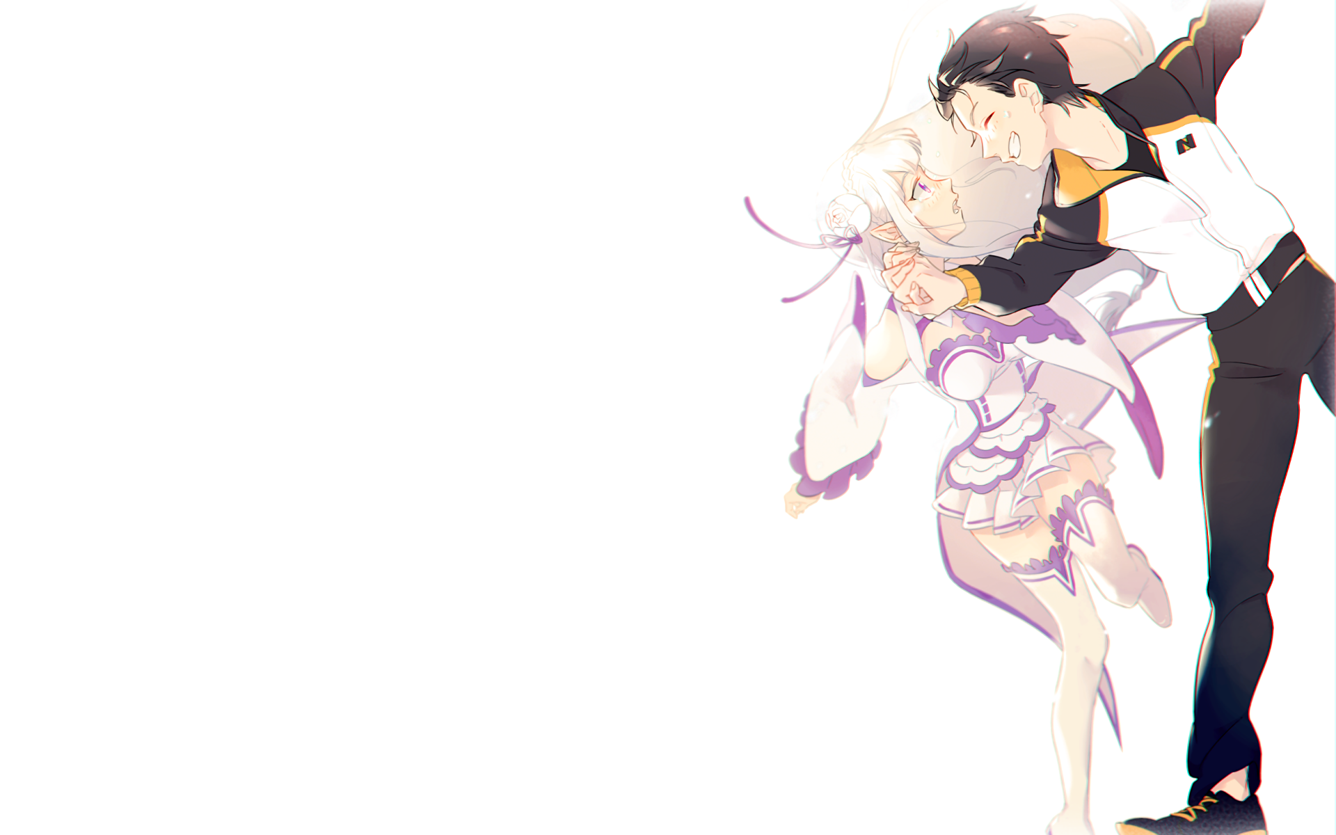 Anime-inspired HD wallpaper featuring Subaru Natsuki and Emilia from *Re:Zero - Starting Life in Another World*, capturing a moment of dynamic interaction and vivid artistry.