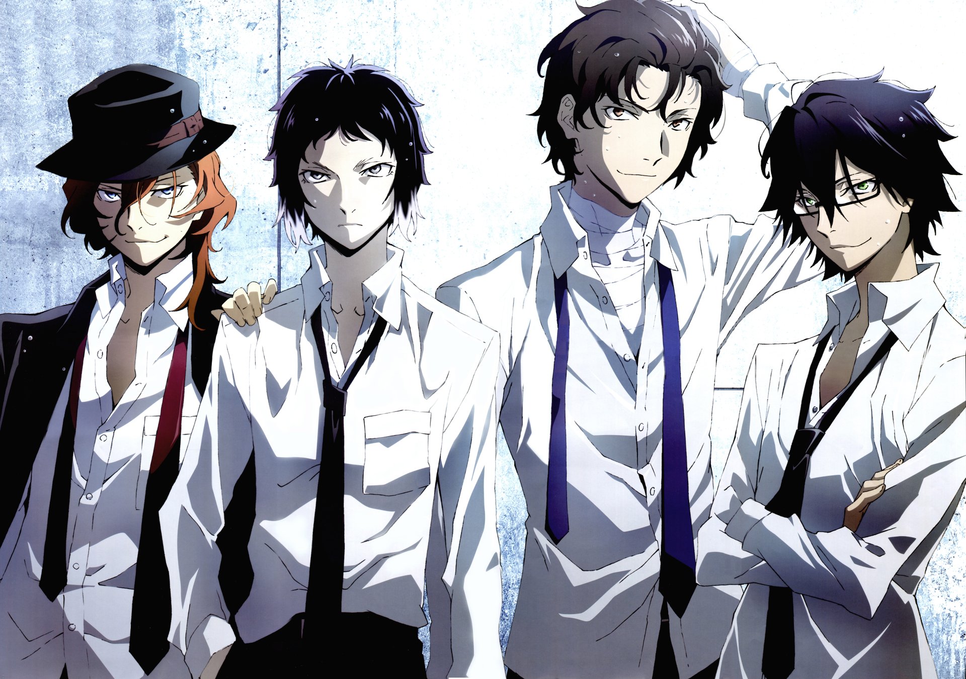 Four characters from the anime Bungou Stray Dogs are featured in this striking 8K Ultra HD desktop wallpaper, showcasing their stylish attire and intense expressions.