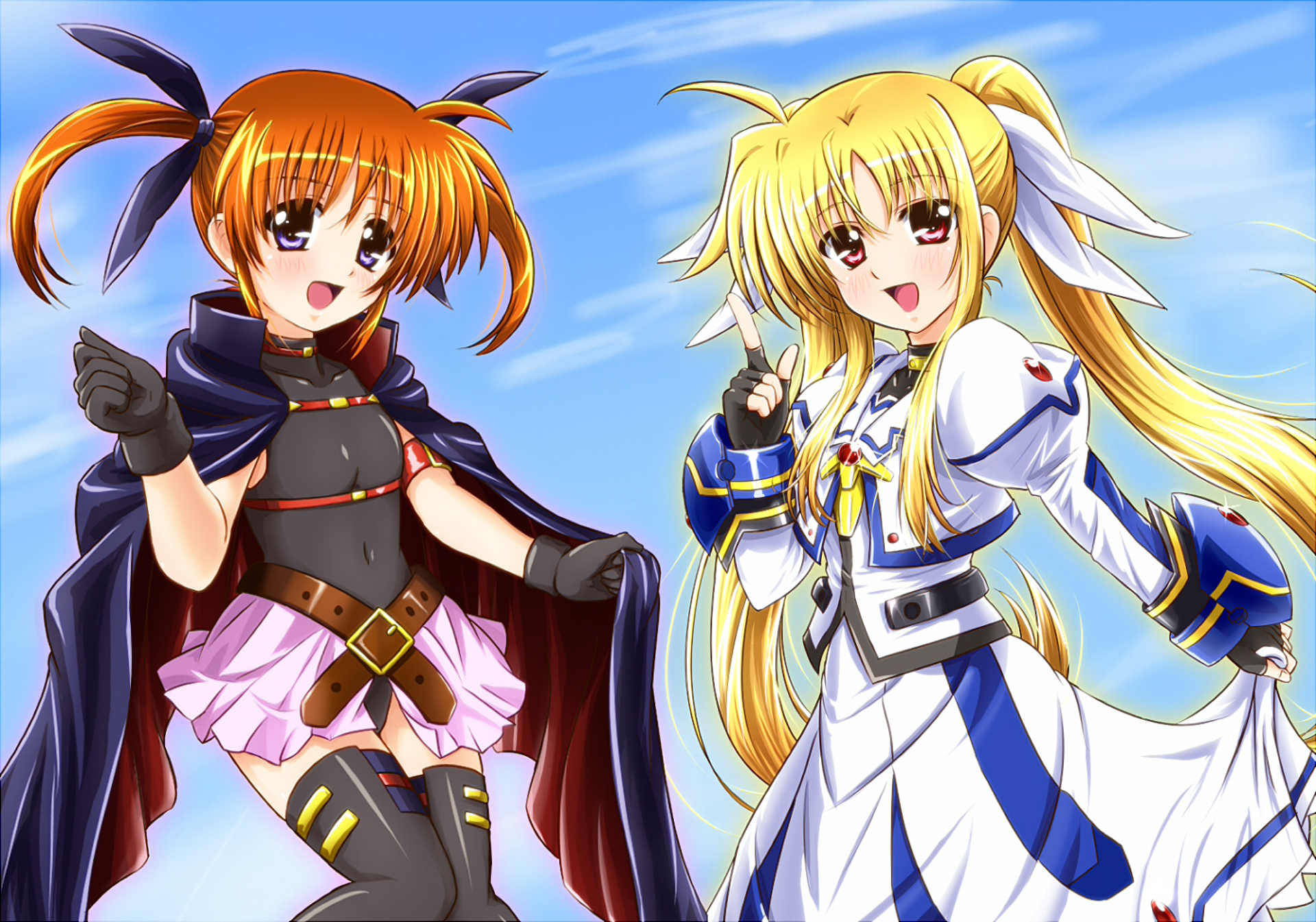 HD PC desktop wallpaper of Magical Girl Lyrical Nanoha anime: two cheerful magical girls—orange-haired and blonde—posing against a bright blue sky background.