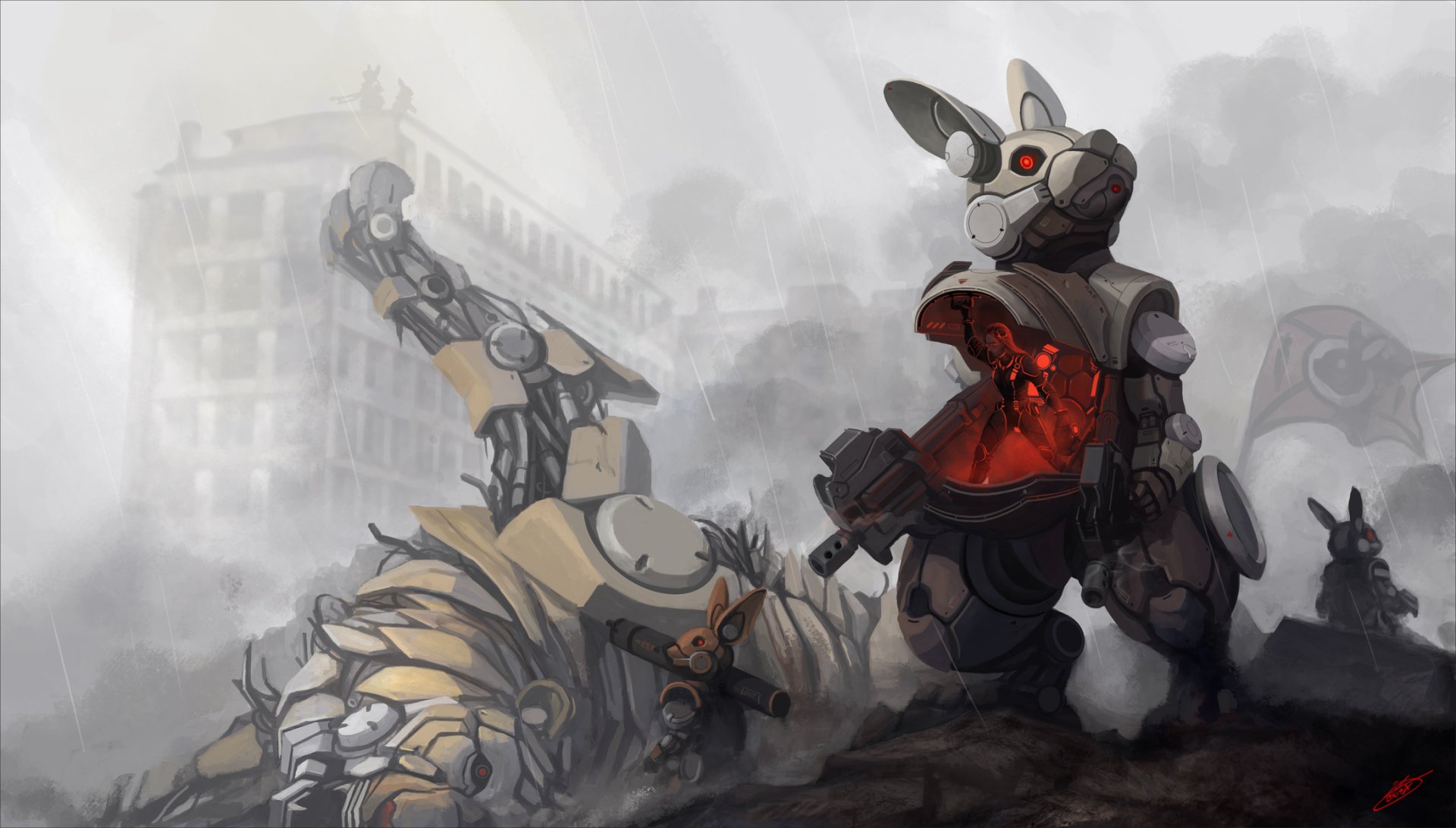 A striking HD anime-style wallpaper featuring a robotic rabbit standing amidst a smoky battlefield, showcasing intricate design and original artwork.