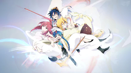 HD PC desktop wallpaper featuring vibrant characters from the anime Magi: The Labyrinth of Magic in dynamic poses against a light, ethereal background.
