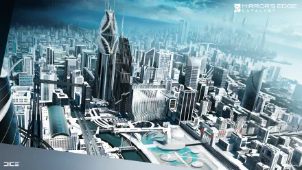 HD PC desktop wallpaper showcasing a futuristic cityscape from the video game Mirror's Edge Catalyst with sleek skyscrapers under a cloudy sky.