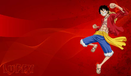 HD PC desktop wallpaper featuring Monkey D. Luffy from the anime One Piece, set against a dynamic red background with stylized text.