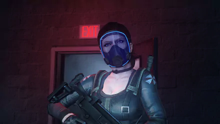 A character from Resident Evil: Operation Raccoon City, wearing tactical gear and a mask, poses with a weapon in a dimly lit corridor, embodying the game's intense atmosphere.