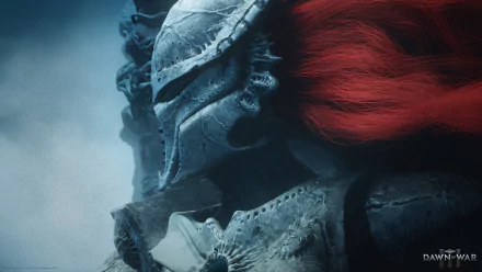 A striking HD wallpaper from Warhammer 40,000: Dawn of War III, featuring a menacing armored figure with a flowing red cape, set against a dramatic background.