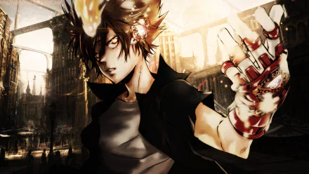 A dynamic HD desktop wallpaper featuring a character from the anime Katekyō Hitman Reborn!, showcasing intense energy and a striking background.