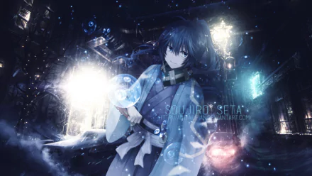 A high-definition desktop wallpaper featuring Soujiro Seta from the anime Rurouni Kenshin, showcasing a dramatic scene with vibrant effects and a mystical atmosphere.