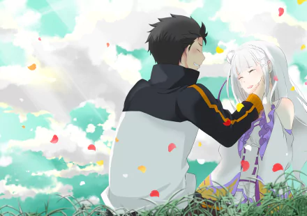Emilia and Subaru Natsuki from Re:ZERO - Starting Life in Another World share a tender moment amidst a colorful, dreamy background, showcasing their bond in this HD wallpaper.