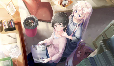 HD PC desktop wallpaper featuring anime-style IA from Vocaloid gently brushing a boy's hair in a cozy room filled with books and warm light.