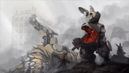 A striking HD anime-style wallpaper featuring a robotic rabbit standing amidst a smoky battlefield, showcasing intricate design and original artwork.