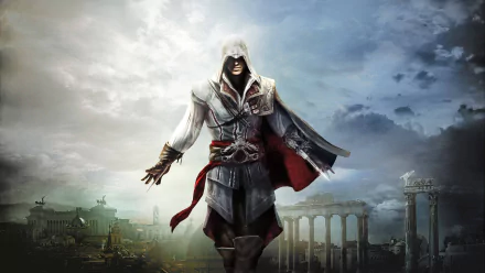 HD PC desktop wallpaper featuring Ezio from Assassin's Creed II standing confidently against a dramatic cloudy sky and ancient city ruins.