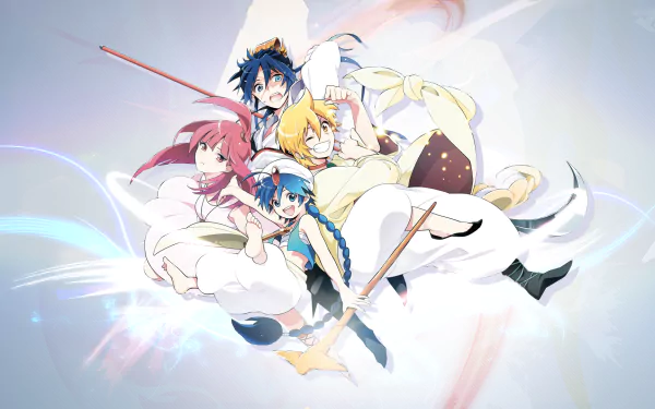 HD PC desktop wallpaper featuring vibrant characters from the anime Magi: The Labyrinth of Magic in dynamic poses against a light, ethereal background.