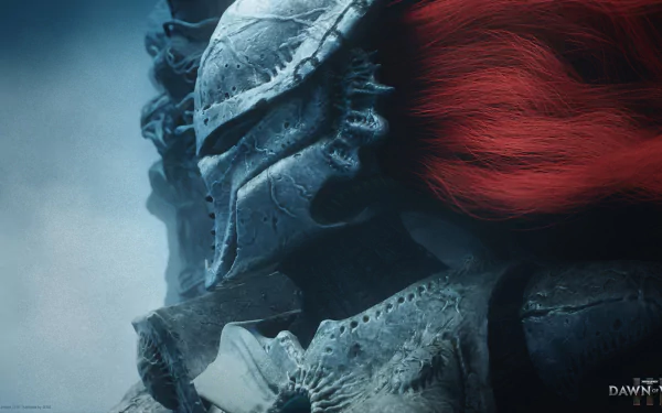 A striking HD wallpaper from Warhammer 40,000: Dawn of War III, featuring a menacing armored figure with a flowing red cape, set against a dramatic background.
