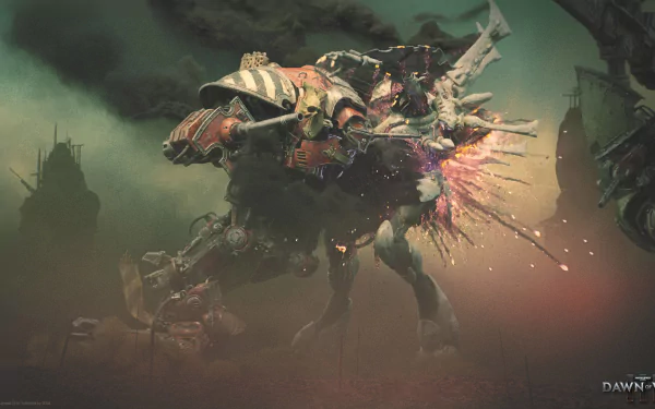 HD desktop wallpaper featuring a fierce battle mech from Warhammer 40,000: Dawn of War III, capturing the dark, intense atmosphere of the Warhammer 40k universe.