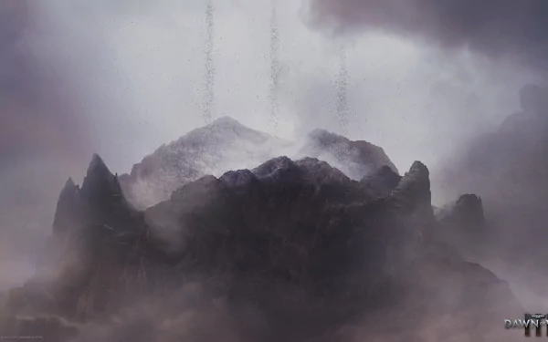 HD desktop wallpaper featuring a dark, misty mountainous scene from the Warhammer 40,000: Dawn of War III video game universe.