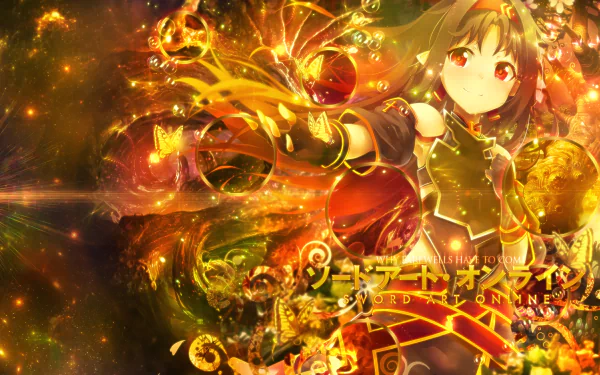 A vibrant HD wallpaper featuring Yuuki Konno from Sword Art Online II, showcasing her dynamic pose and magical effects against a rich, colorful background.