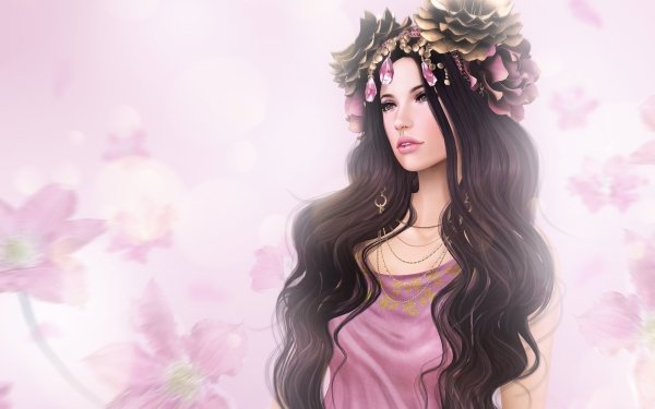 Fantasy Women Flower Brown Hair Brown Eyes HD Wallpaper | Background Image