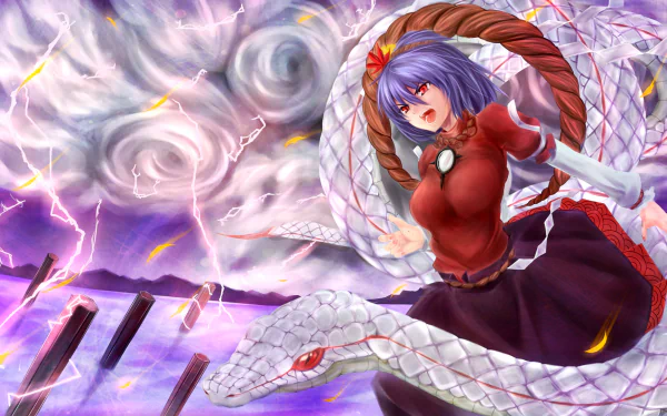 HD anime desktop wallpaper of Kanako Yasaka (Touhou): purple-haired shrine deity in red top and black skirt, coiled white serpent, swirling storm clouds, lightning and distant pillars.