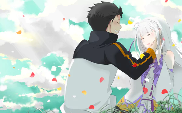 Emilia and Subaru Natsuki from Re:ZERO - Starting Life in Another World share a tender moment amidst a colorful, dreamy background, showcasing their bond in this HD wallpaper.