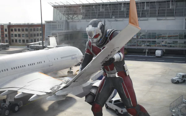 Giant-Man (Scott Lang) stands at an airport, gripping an airplane wing, showcasing his impressive size in a scene from *Captain America: Civil War*. HD desktop wallpaper.