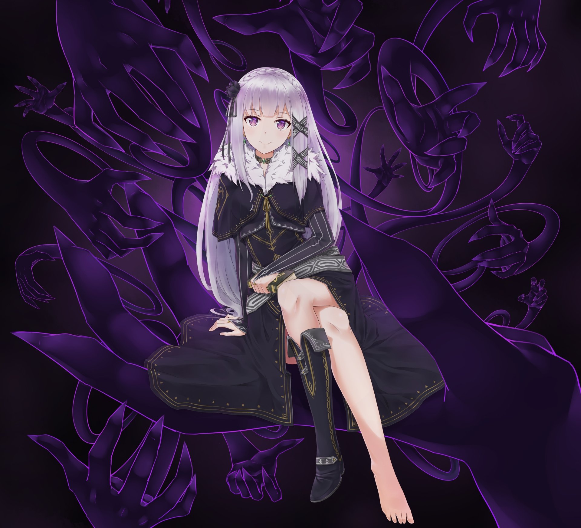HD desktop wallpaper of Emilia from the anime Re:Zero - Starting Life in Another World, featuring a dark, intricate background with purple tones.