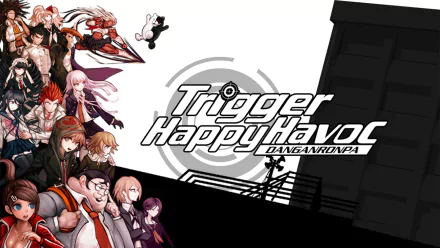 HD PC desktop wallpaper featuring anime characters from Danganronpa and the text Trigger Happy Havoc in bold, centered against a white and dark contrasting background.