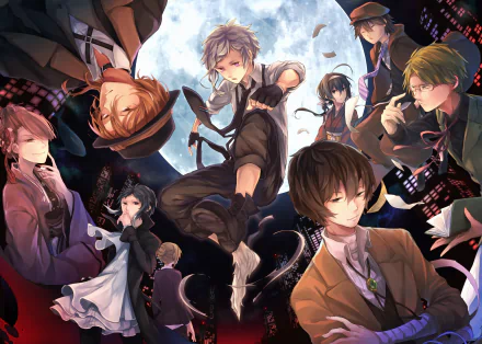 HD desktop wallpaper featuring characters from the anime Bungou Stray Dogs, set against a dramatic moonlit backdrop with a mix of action and intrigue.